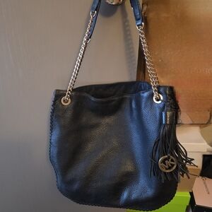 Michael Kors Black Leather Shoulder Bag with Tassel MK Charm